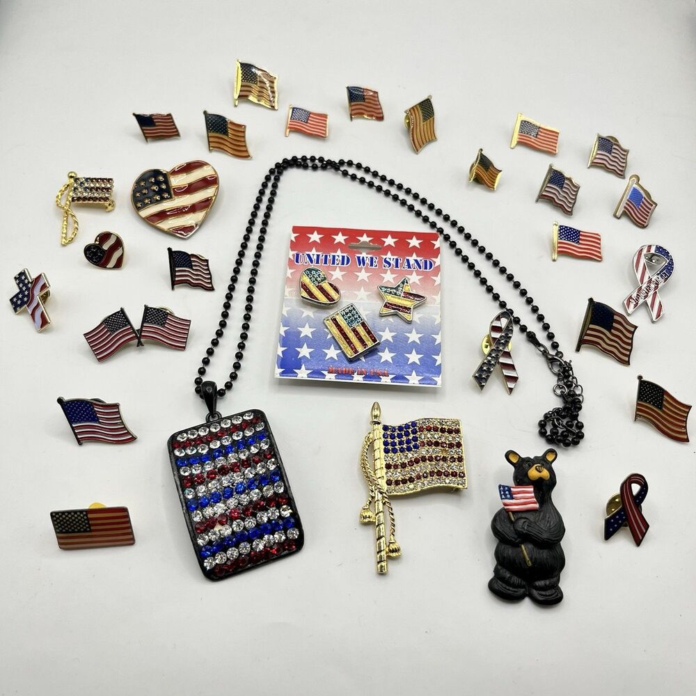 Vintage Lot Of Patriotic American Pins Brooches And Necklace Lot Bulk Buy